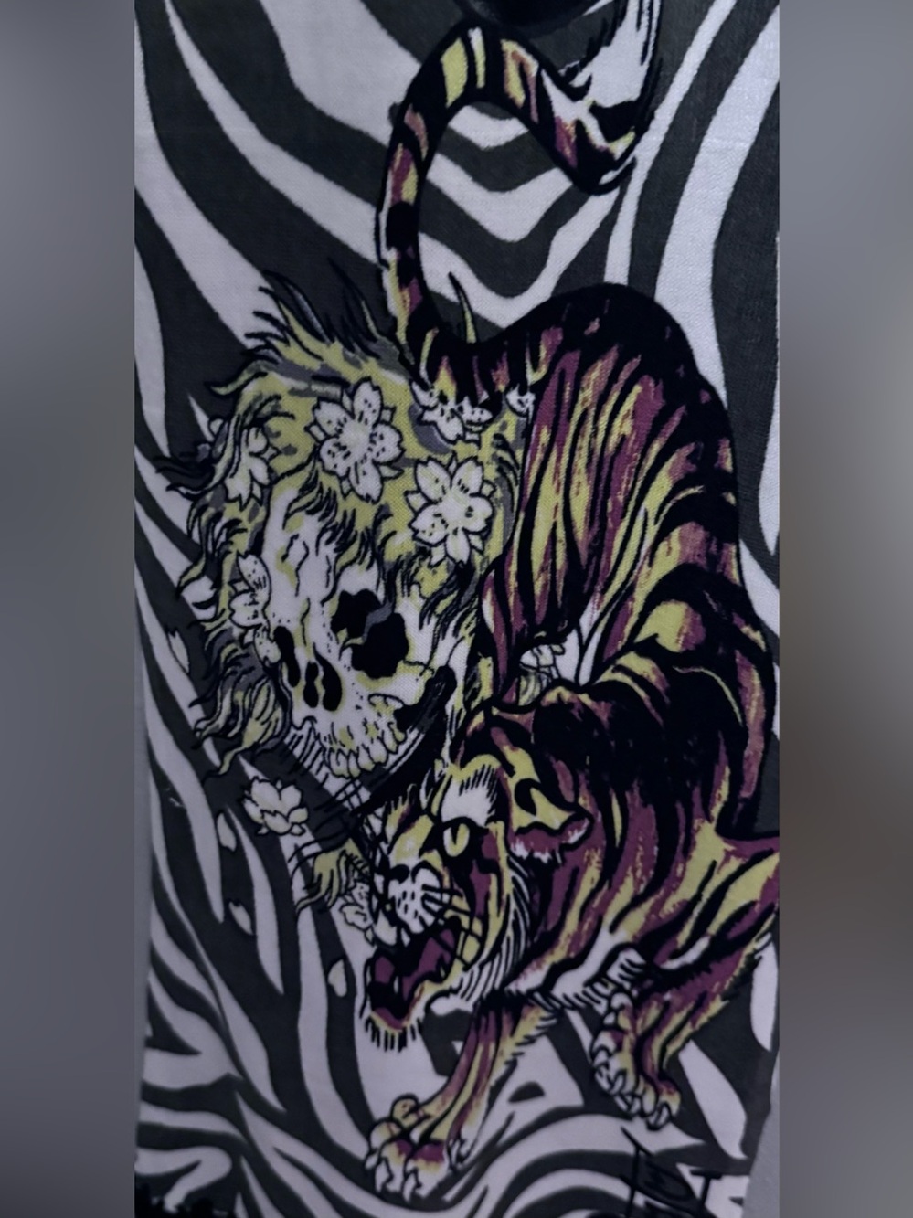 Ed Hardy by Christian Audigier Tiger and Skull Scarf with Black Fringe